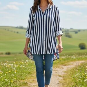 SHAN Navy & White Striped Button-Down Tunic with Floral Side Panels